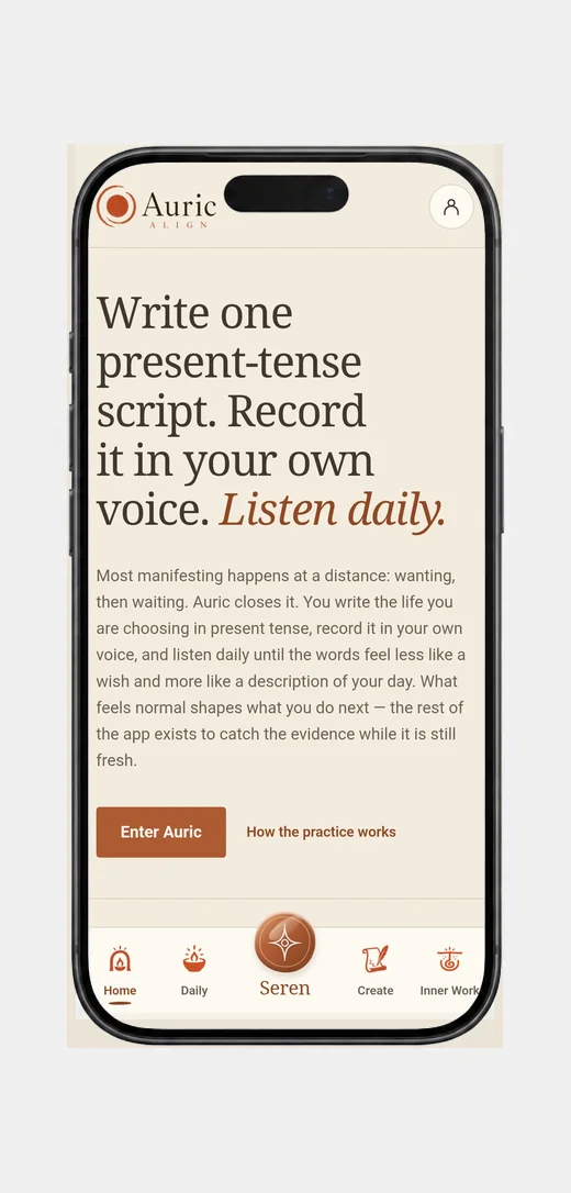 Auric Align on a phone, showing its present-tense writing headline and practice tab bar.