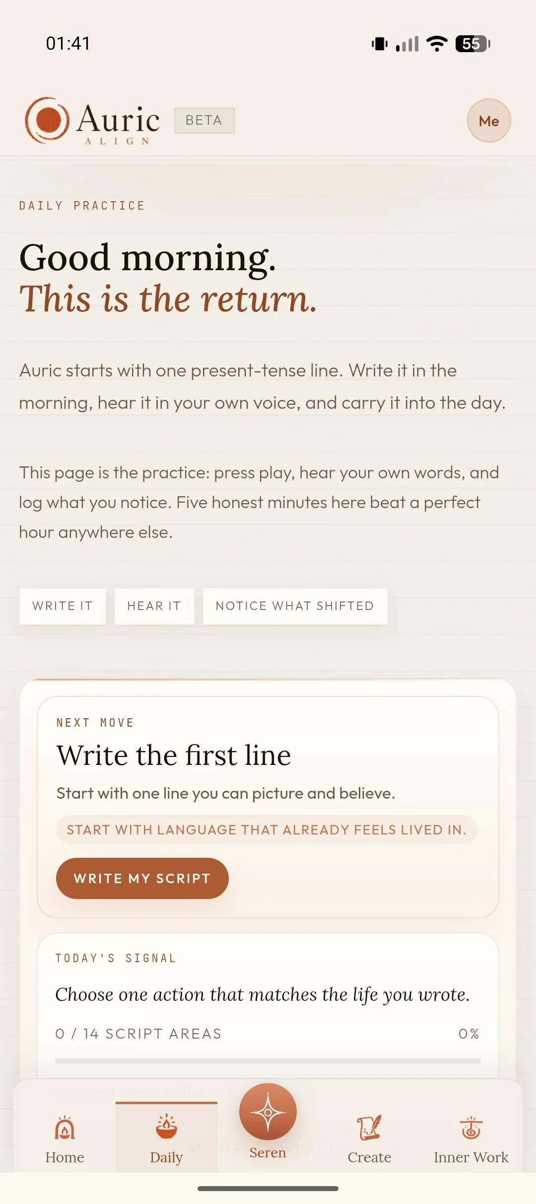 Auric’s phone interface showing its daily practice and writing studio.