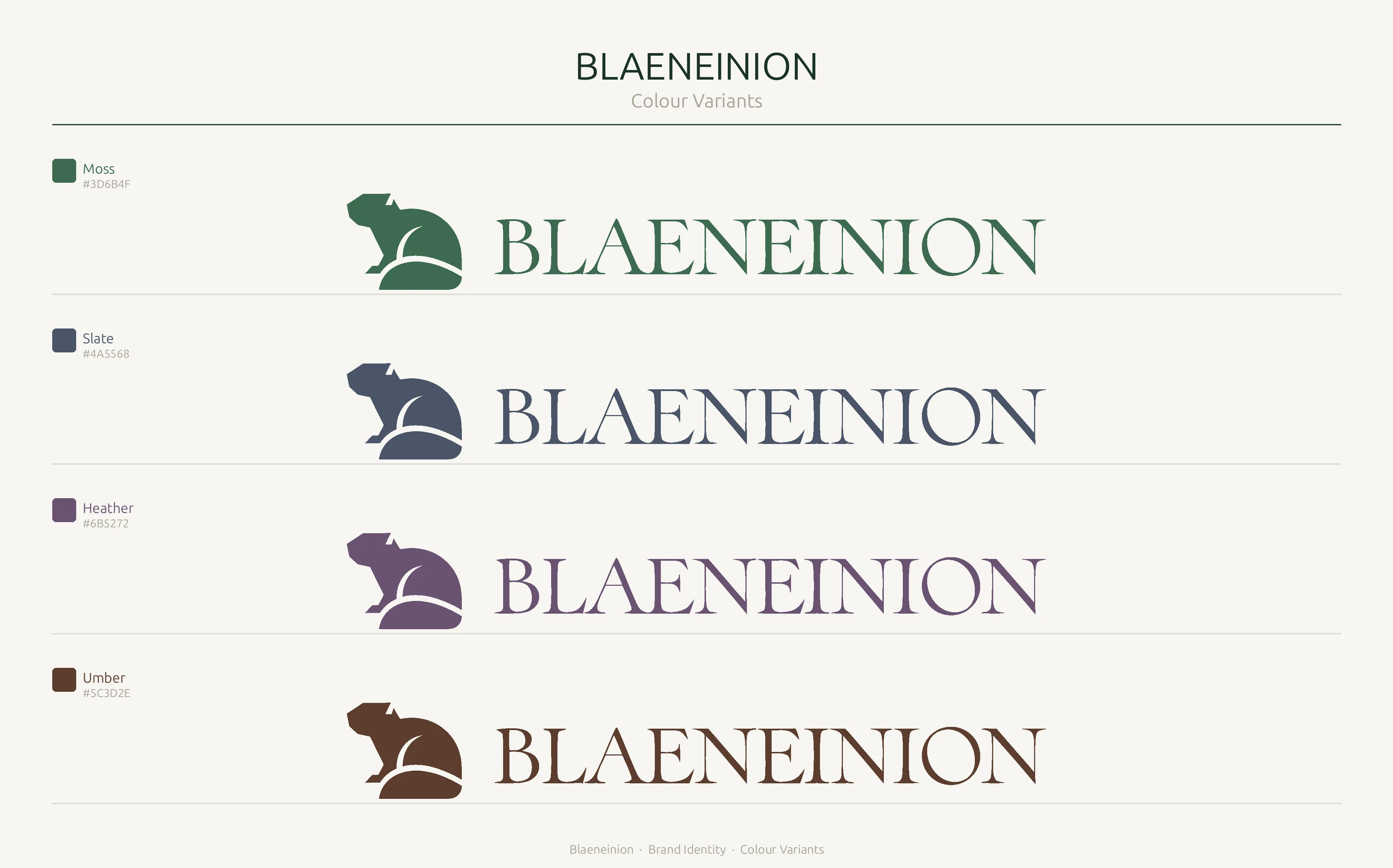 The Blaeneinion identity in four colourways: Moss, Slate, Heather and Umber.