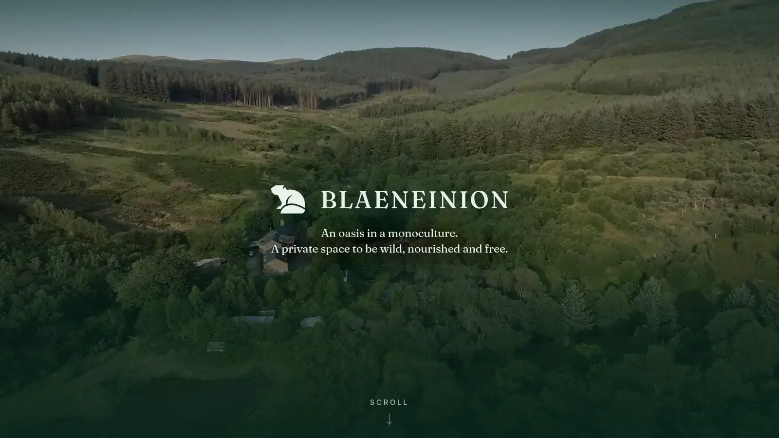 Blaeneinion cinematic scroll opening: the valley name over aerial film, inviting the visitor to scroll.
