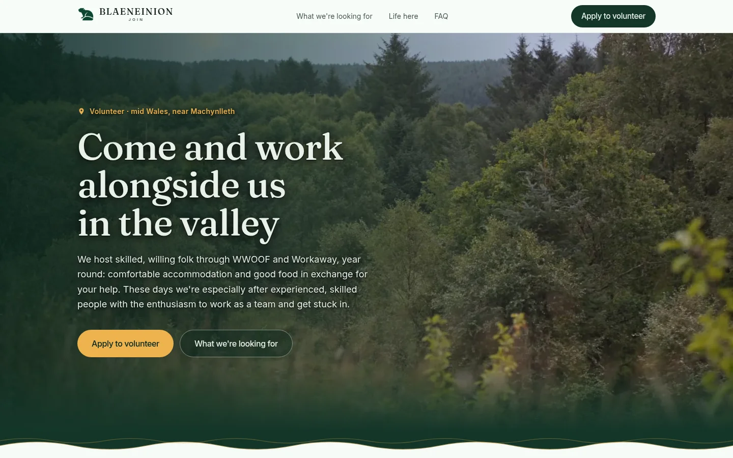 Blaeneinion Join volunteering homepage, inviting skilled volunteers to apply.