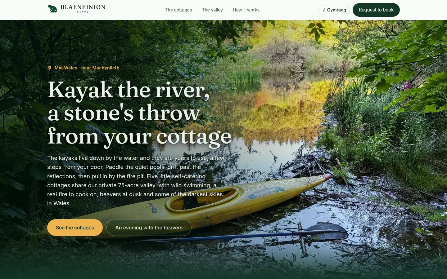 Blaeneinion Stays homepage, with a kayak by the river and cottage booking actions.