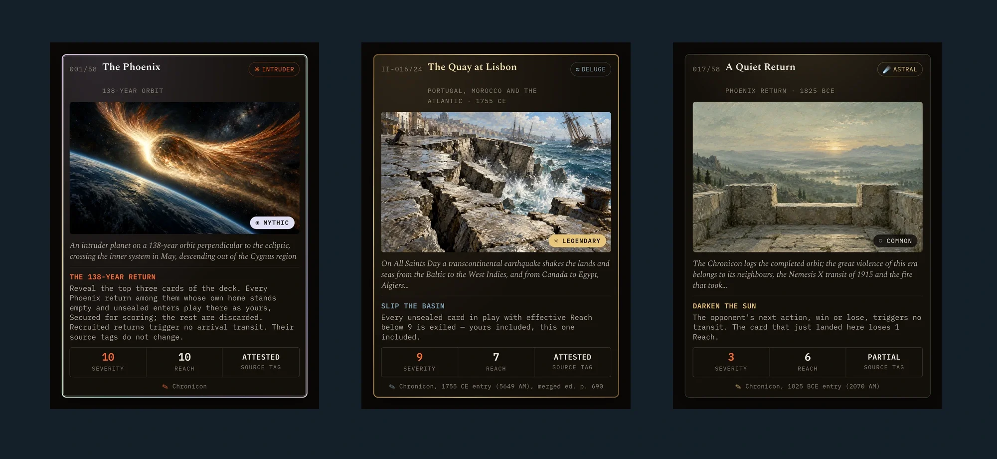 The complete Chronicards faces for The Phoenix, The Quay at Lisbon and A Quiet Return, taken from the physical-edition artwork.