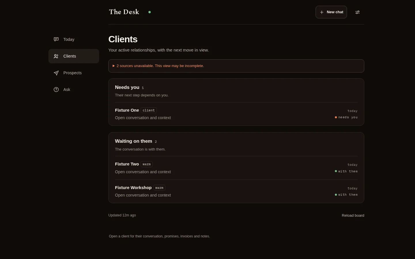 The Desk clients board: one page per client with pipeline, next actions and promises.