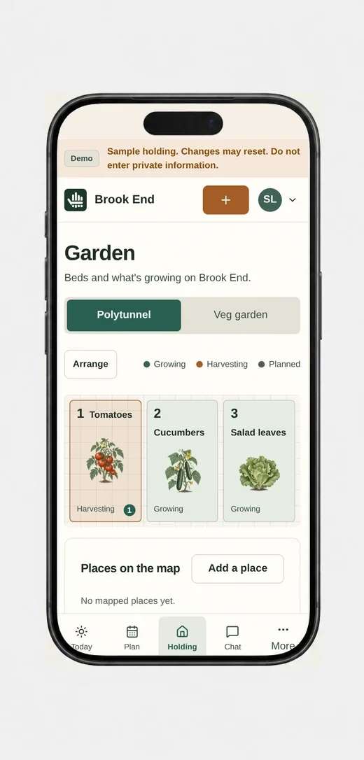 Farmhand's garden screen in a phone mockup, showing three planted polytunnel beds in the sample holding.