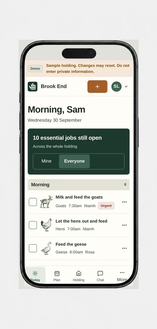 Farmhand's Today screen in a phone mockup, showing the sample holding's open jobs with assignees and times.