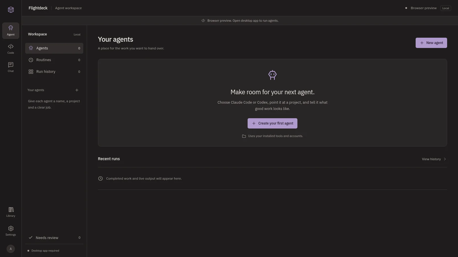 Flightdeck workspace: named agents supervised from one board.