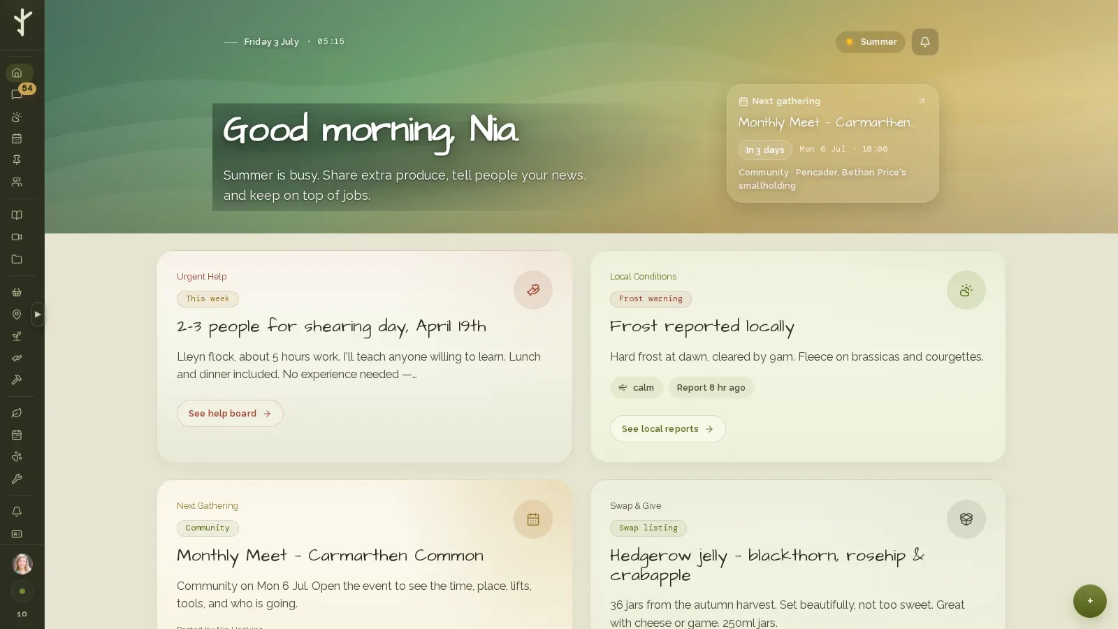 Gwerin’s community dashboard, with a grid of shared resources and record-keeping modules.