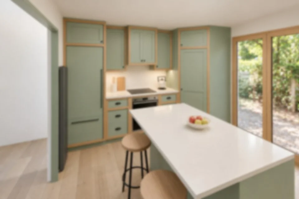 Intentionally blurred kitchen concept showing sage and oak cabinetry, an island and garden doors.