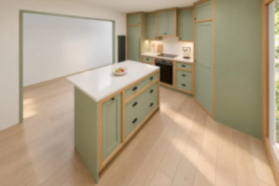Intentionally blurred kitchen concept showing tall cabinets and the island's storage side.