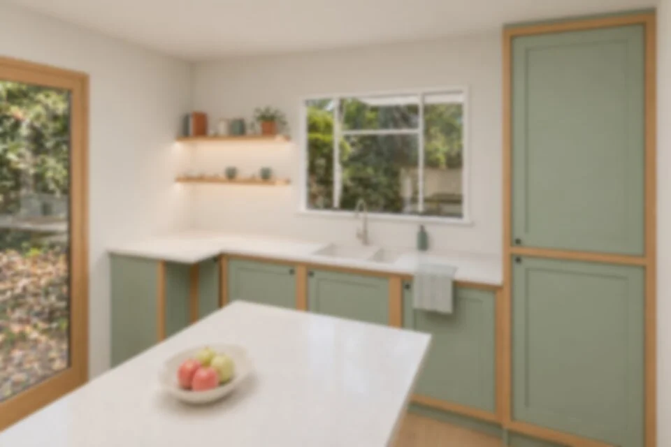 Intentionally blurred kitchen concept showing the sink, window, shelves and corner worktop.