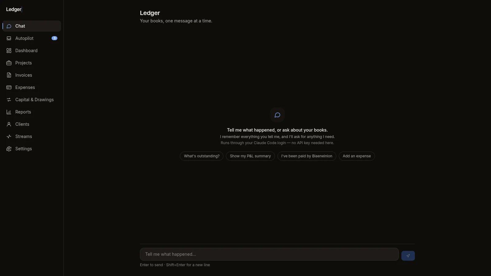 Ledger AI chat: ask about the books or log payments in plain words.