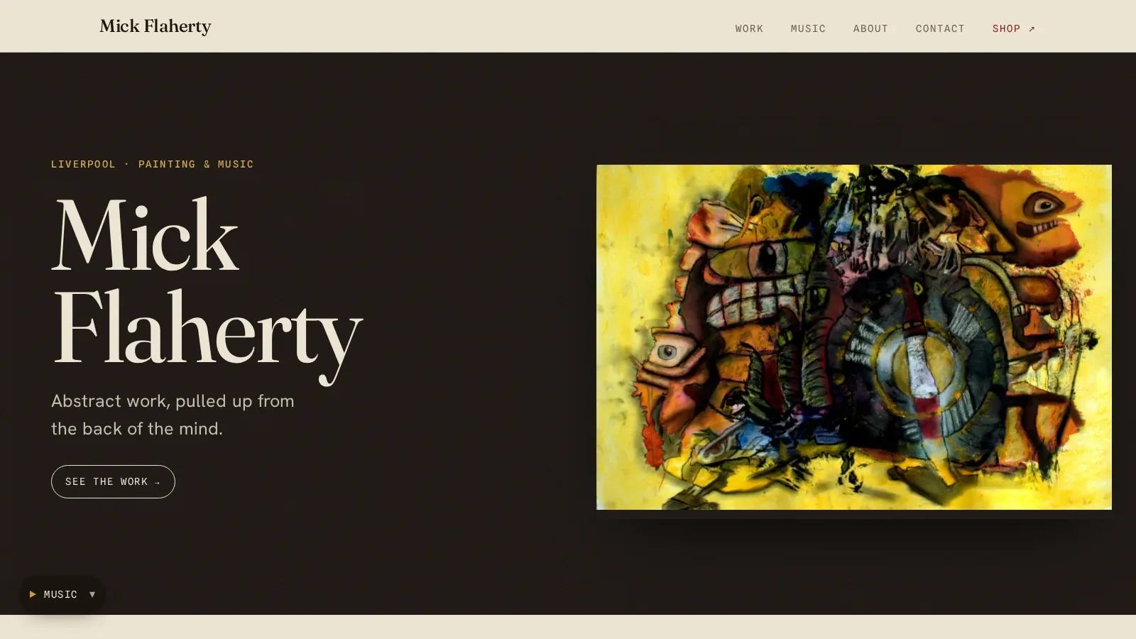 Mick Flaherty portfolio homepage, with a large heading and a yellow abstract painting of distorted faces.