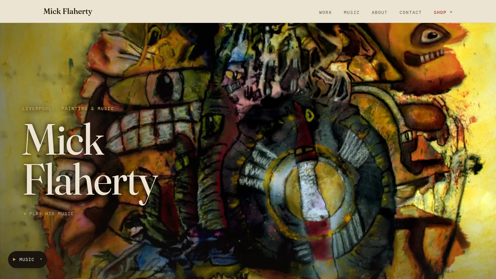 Mick Flaherty portfolio homepage, with a large heading and a yellow abstract painting of distorted faces.