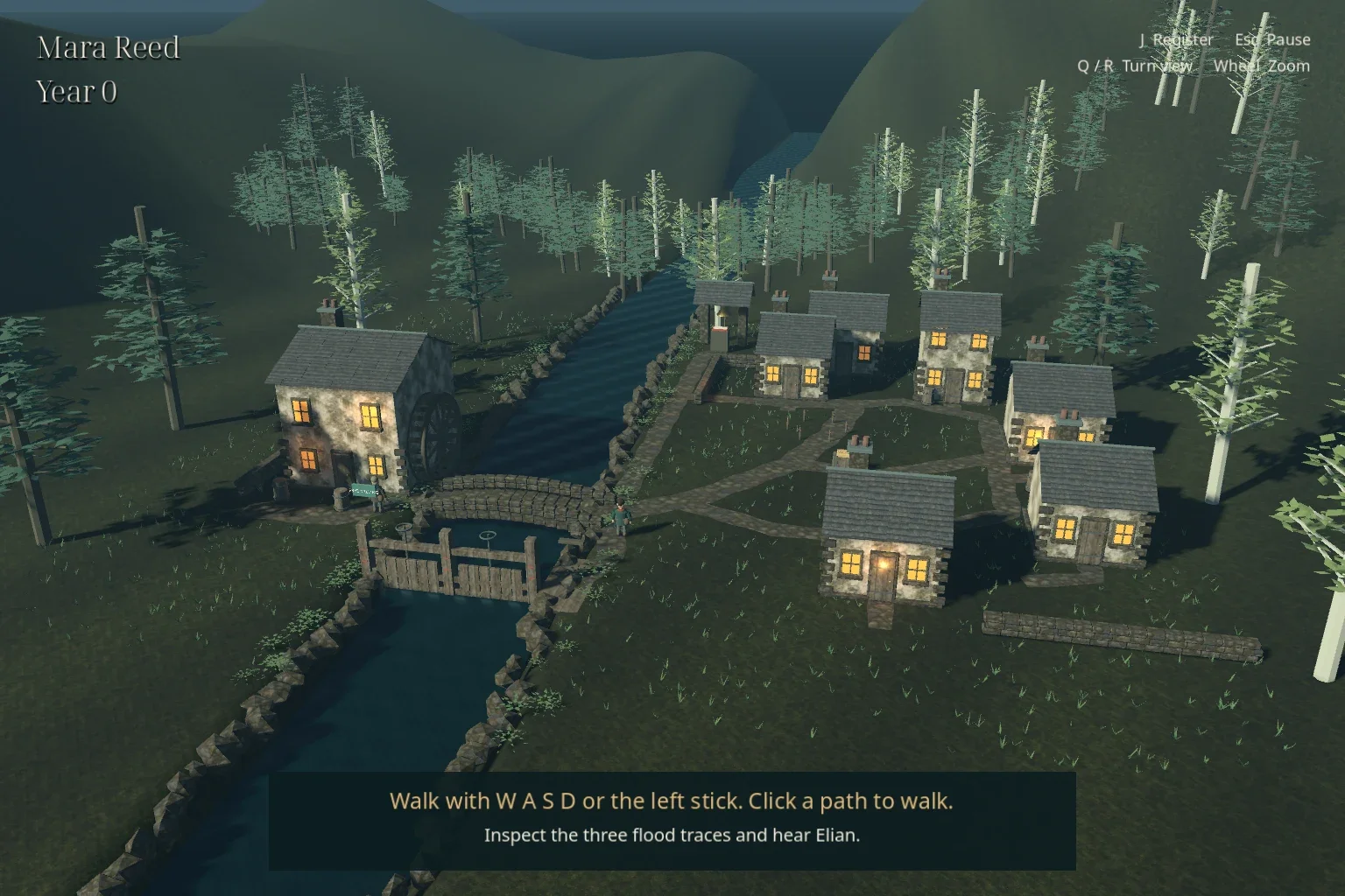 What We Keep gameplay: Mara Reed in a riverside village, with a watermill, stone cottages and a timber sluice.