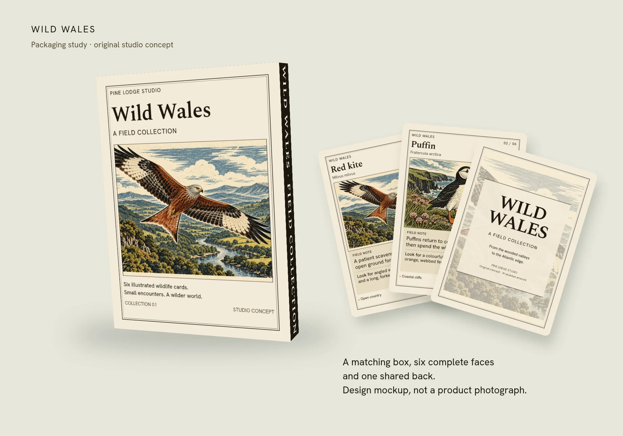 Wild Wales box design mockup beside the complete red kite, puffin and shared back designs.